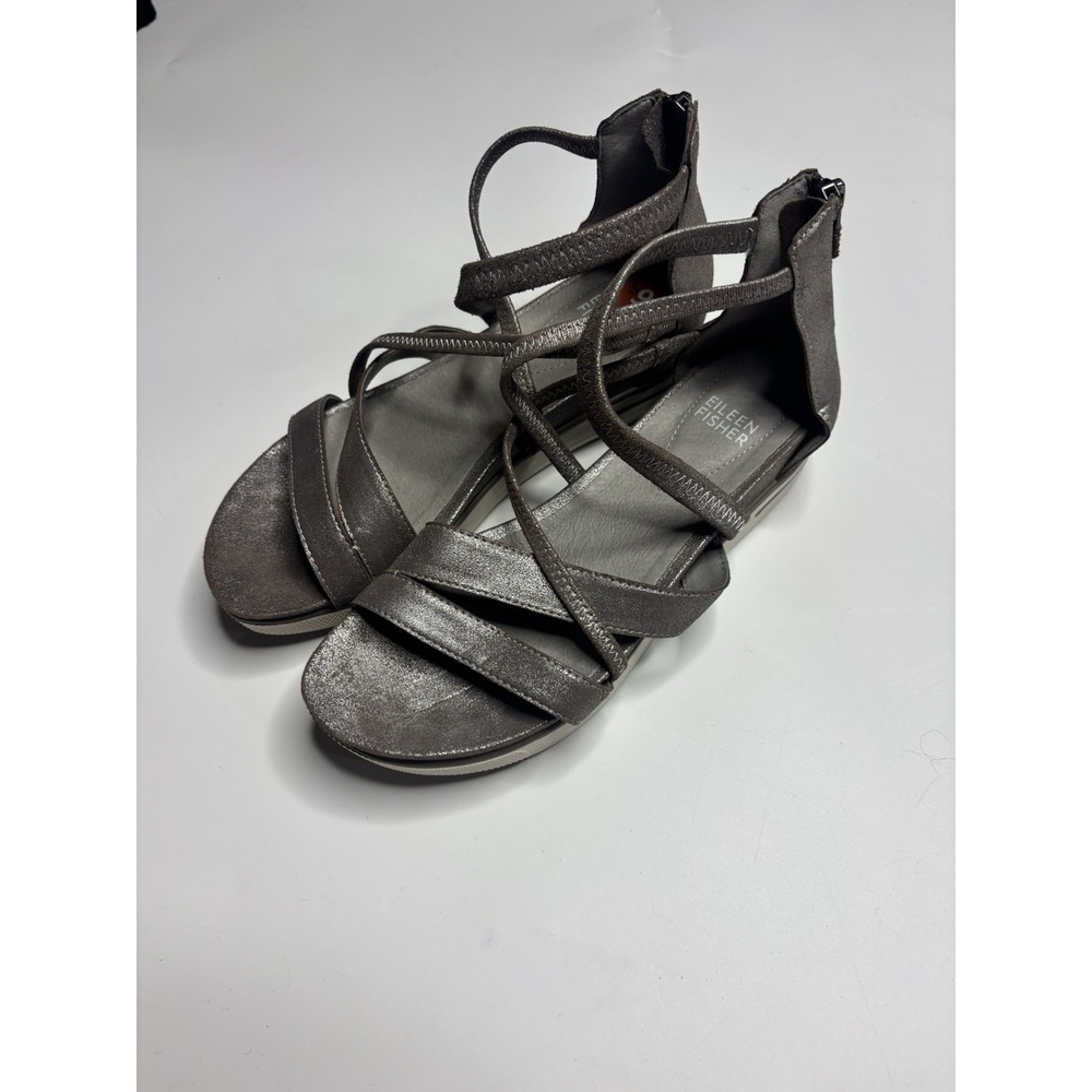 Eileen Fisher Women's 6.5 Noni Ankle Strap Sandals Silver Metallic Suede